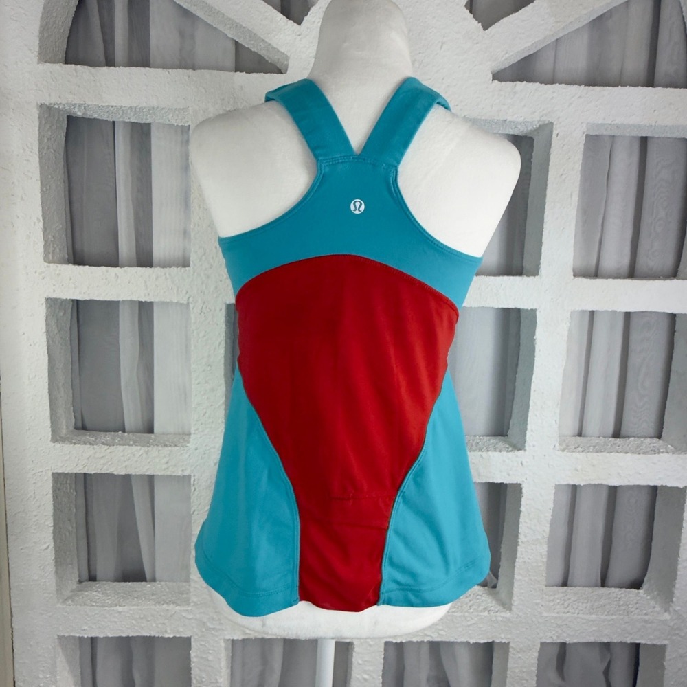 Lululemon Deep V Tank Turquoise Red Colourblock Racerback Yoga Top - Picture 7 of 10